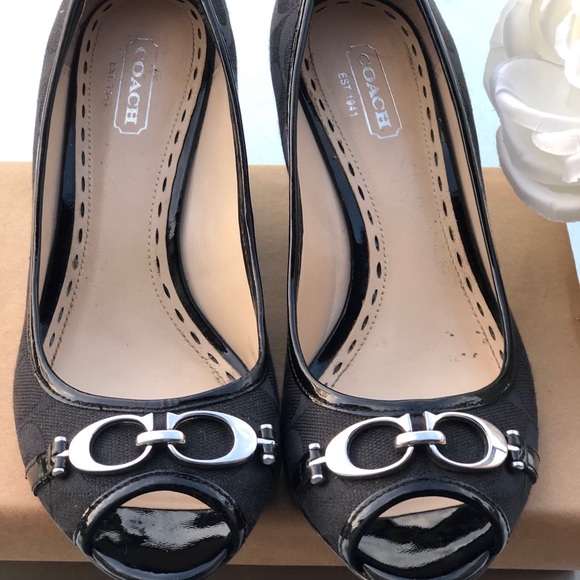 Coach Logo Black "Precious" Peep Toe Wedge Size 6B - Picture 2 of 9